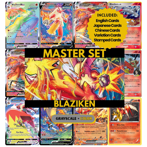 Blaziken binder pages set showing grayscale and color Pokémon cards, designed as a digital download to complete a collector’s binder.