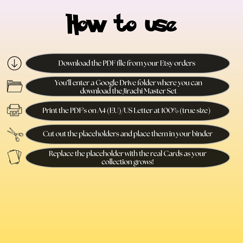 Jirachi cards digital download instructions explaining how to print, cut, and place placeholders in a Pokémon binder.