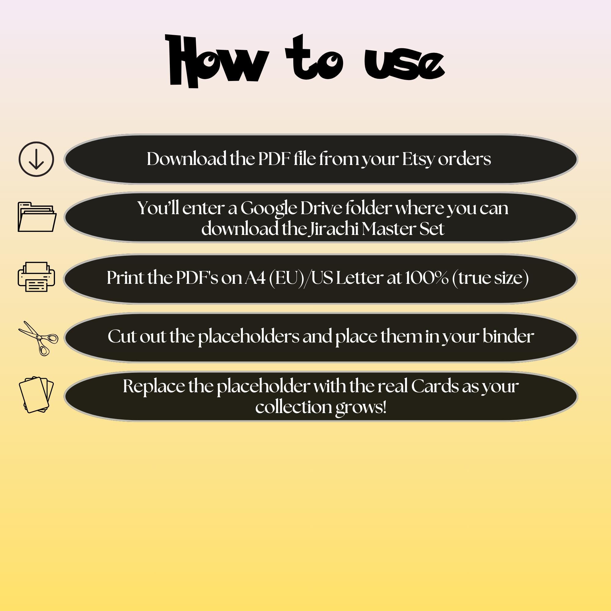 Jirachi cards digital download instructions explaining how to print, cut, and place placeholders in a Pokémon binder.