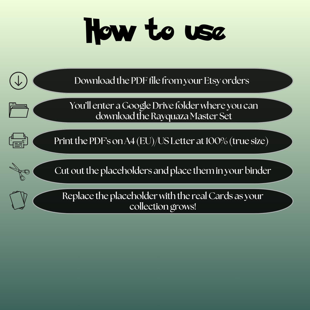 Rayquaza cards digital download instructions explaining how to print, cut, and place placeholders in a Pokémon binder.