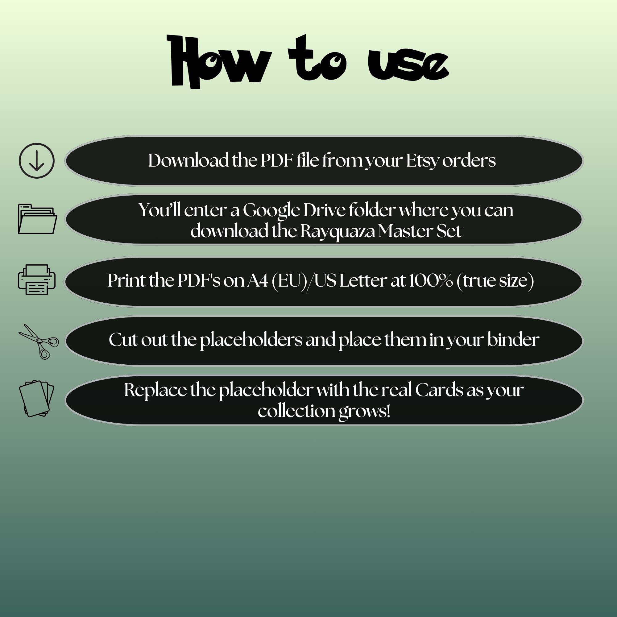 Rayquaza cards digital download instructions explaining how to print, cut, and place placeholders in a Pokémon binder.