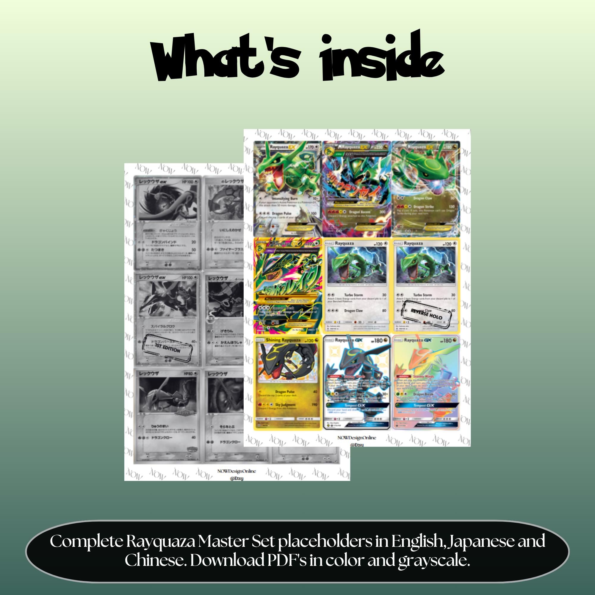 Rayquaza binder pages set overview showing the included Pokémon cards to print and cut for your binder sleeves.