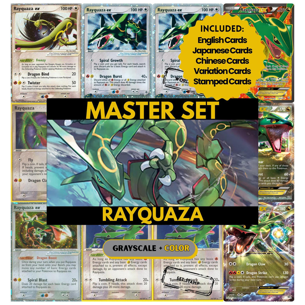 Rayquaza binder pages set showing grayscale and color Pokémon cards, designed as a digital download to complete a collector’s binder.