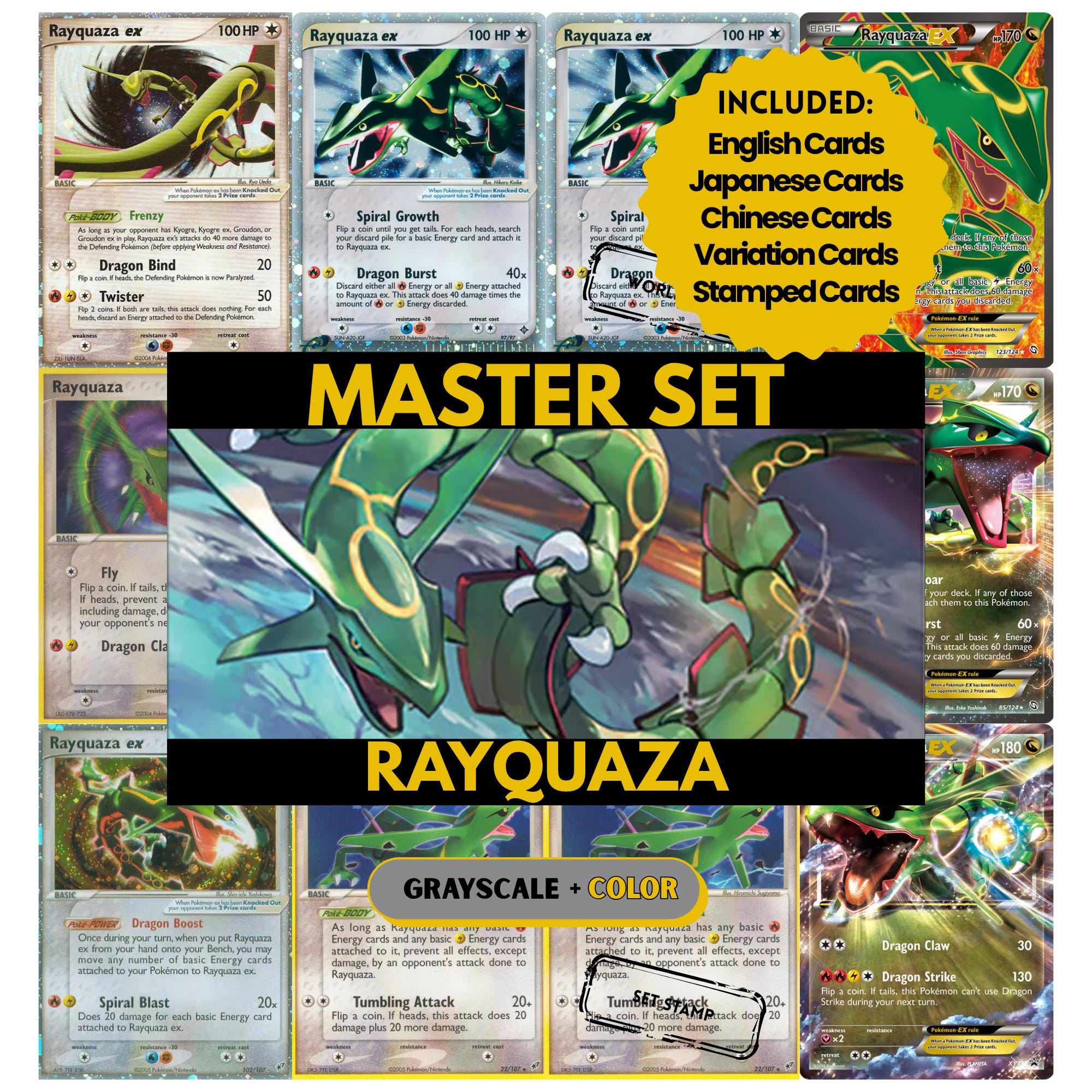 Rayquaza binder pages set showing grayscale and color Pokémon cards, designed as a digital download to complete a collector’s binder.