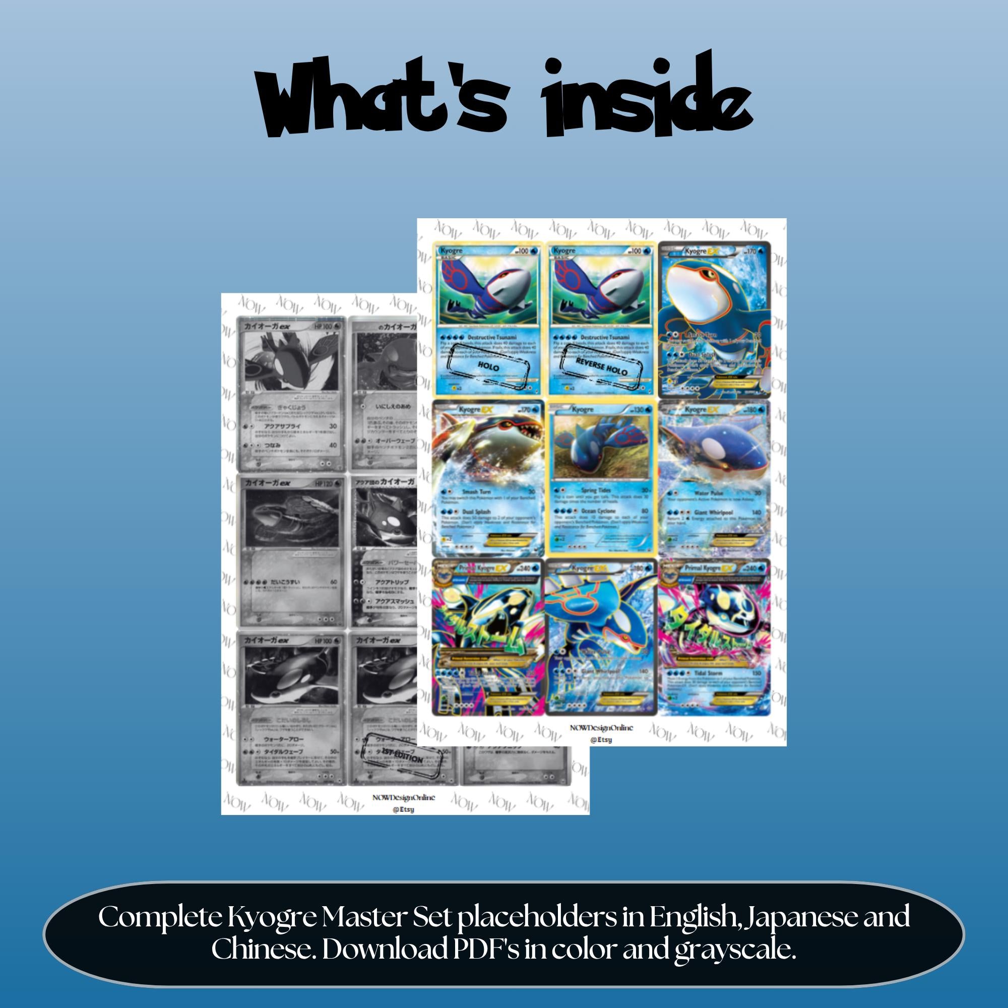 Kyogre binder pages set overview showing the included Pokémon cards to print and cut for your binder sleeves.