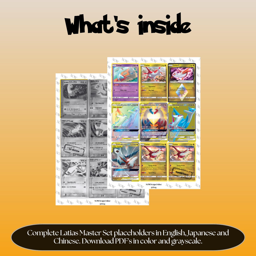 Latias binder pages set overview showing the included Pokémon cards to print and cut for your binder sleeves.