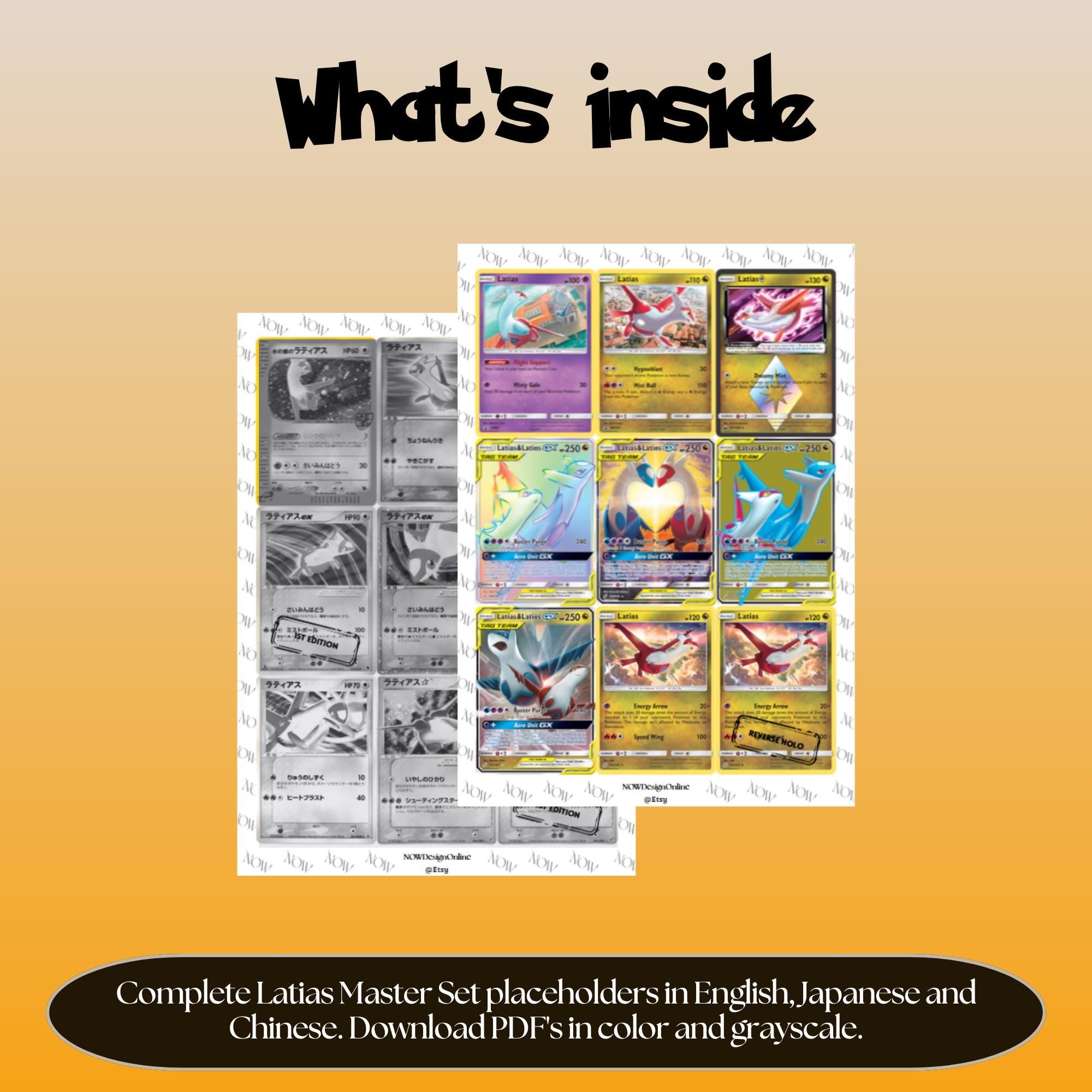 Latias binder pages set overview showing the included Pokémon cards to print and cut for your binder sleeves.