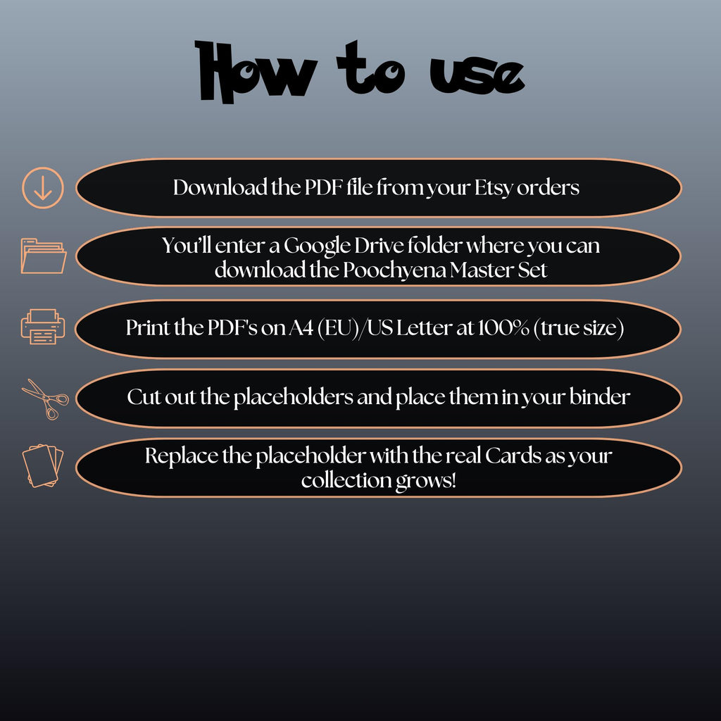 Poochyena cards digital download instructions explaining how to print, cut, and place placeholders in a Pokémon binder.