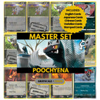 Poochyena binder pages set showing grayscale and color Pokémon cards, designed as a digital download to complete a collector’s binder.