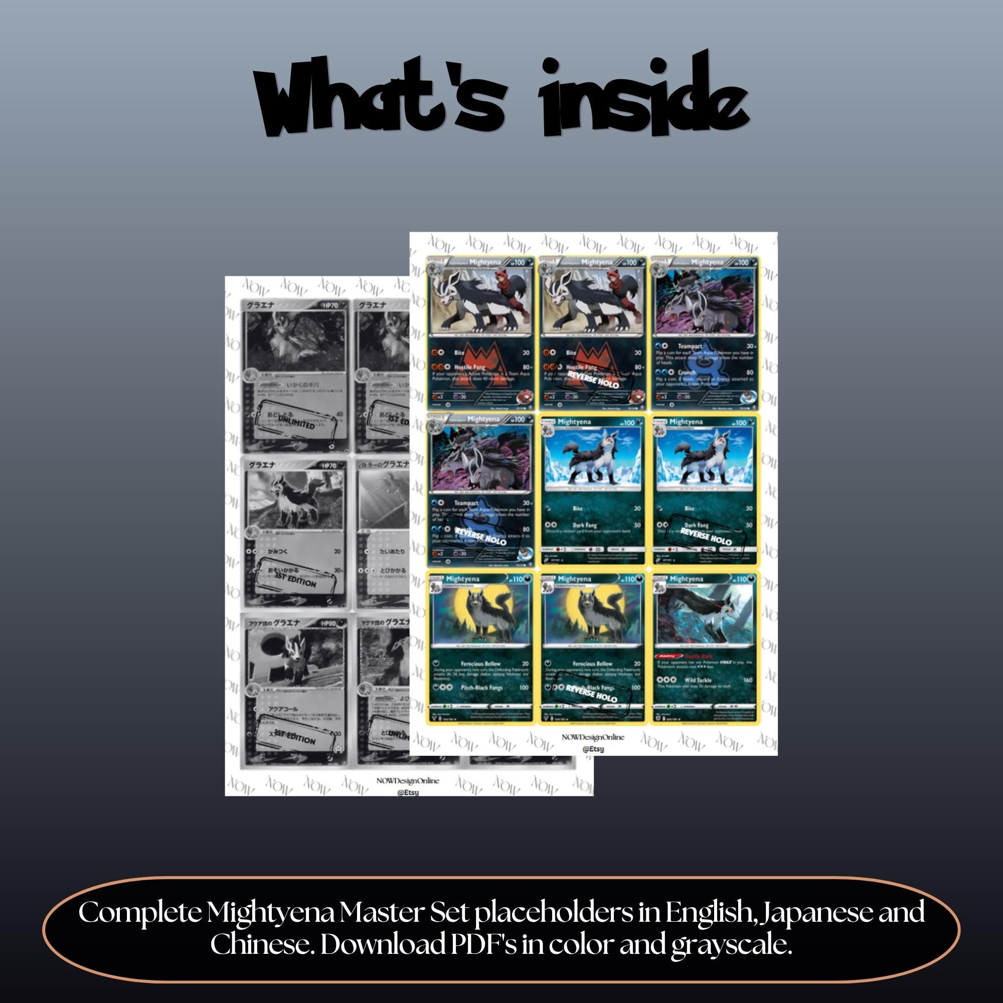 Mightyena binder pages set overview showing the included Pokémon cards to print and cut for your binder sleeves.