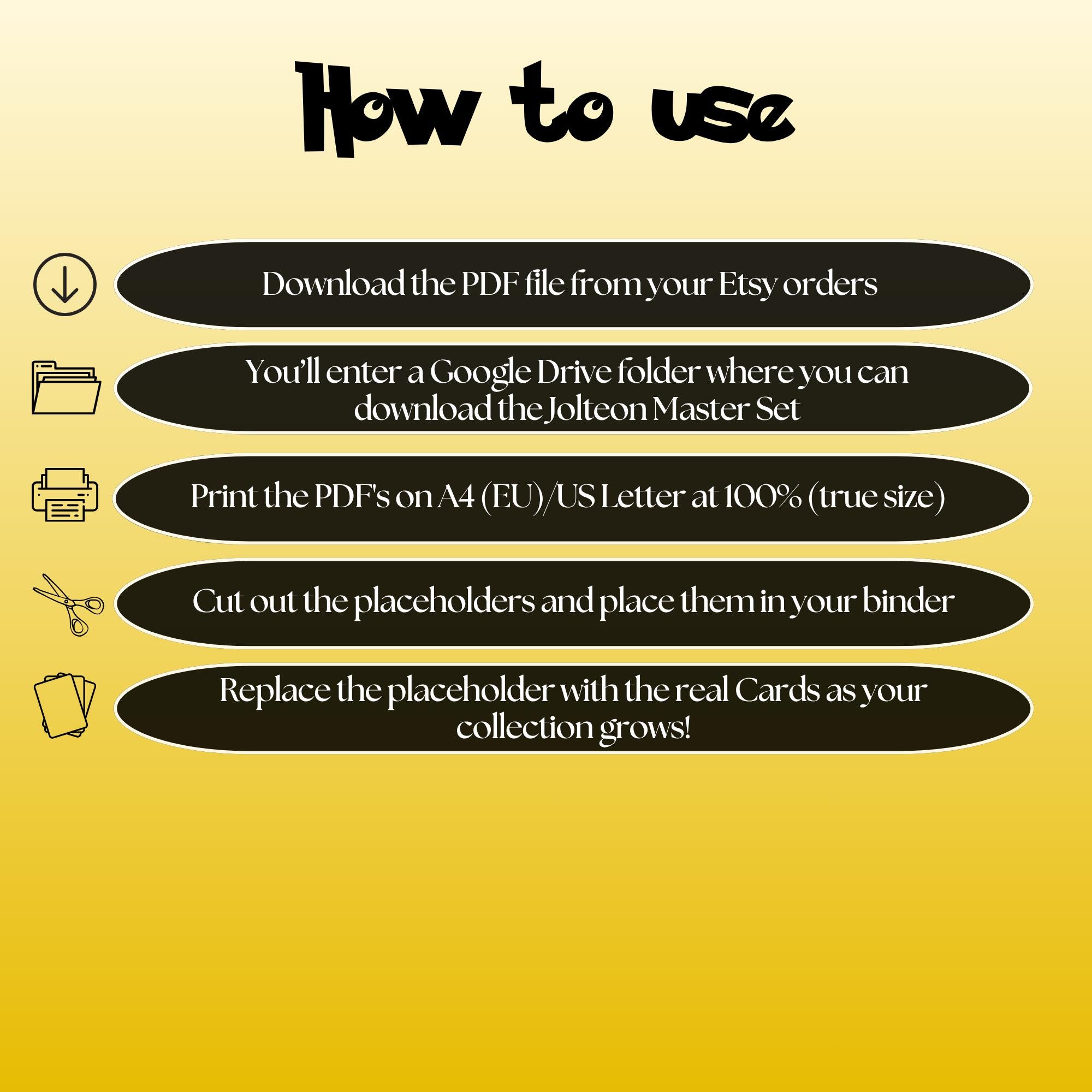 Jolteon cards digital download instructions explaining how to print, cut, and place placeholders in a Pokémon binder.