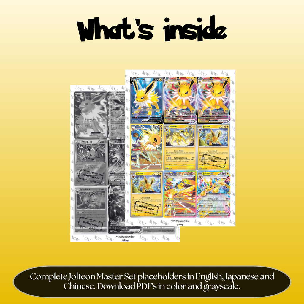 Jolteon binder pages set overview showing the included Pokémon cards to print and cut for your binder sleeves.