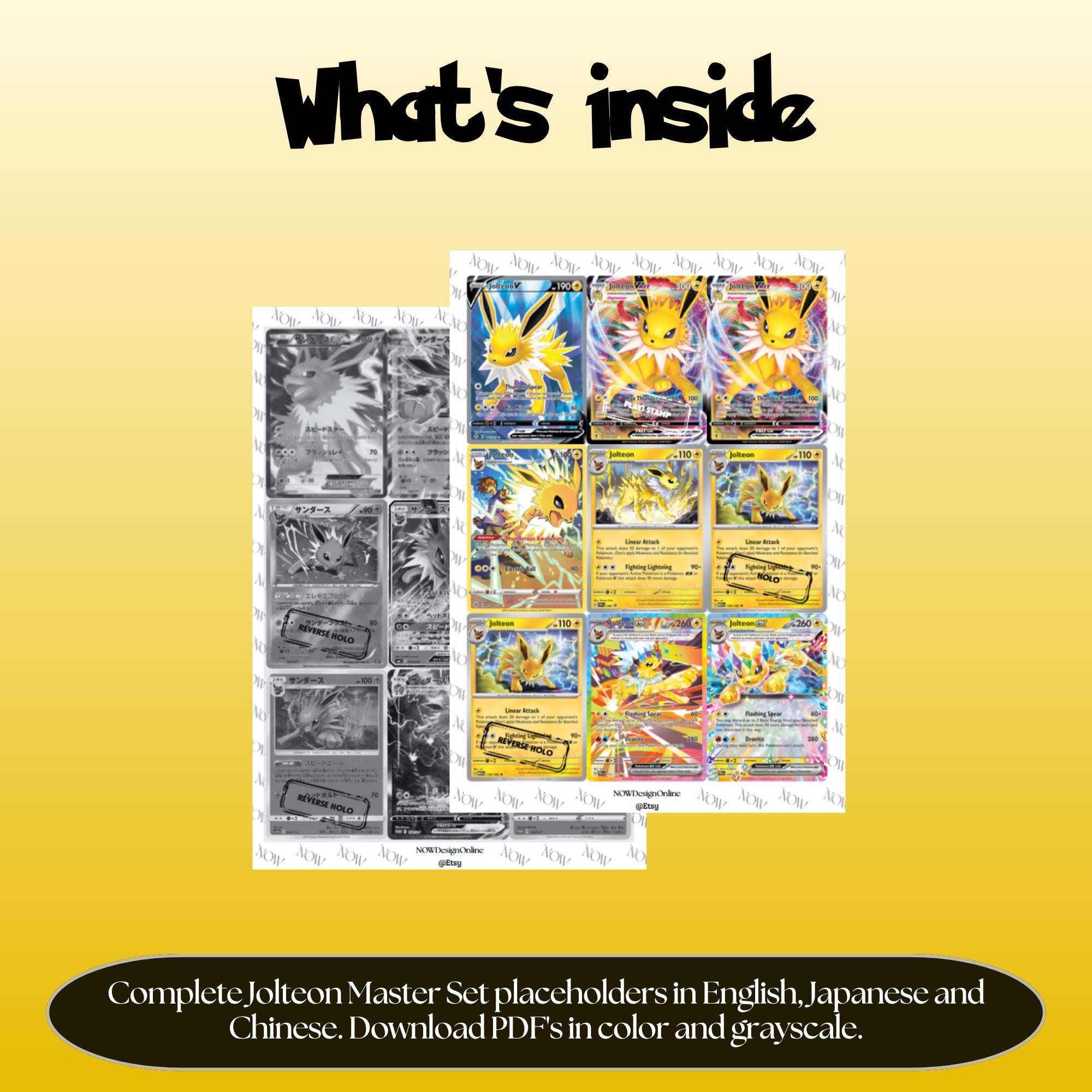 Jolteon binder pages set overview showing the included Pokémon cards to print and cut for your binder sleeves.