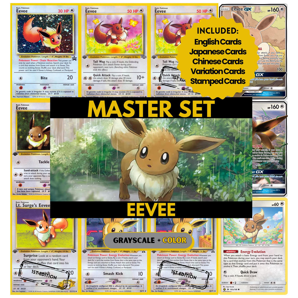 Eevee binder pages set showing grayscale and color Pokémon cards, designed as a digital download to complete a collector’s binder