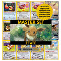 Eevee binder pages set showing grayscale and color Pokémon cards, designed as a digital download to complete a collector’s binder
