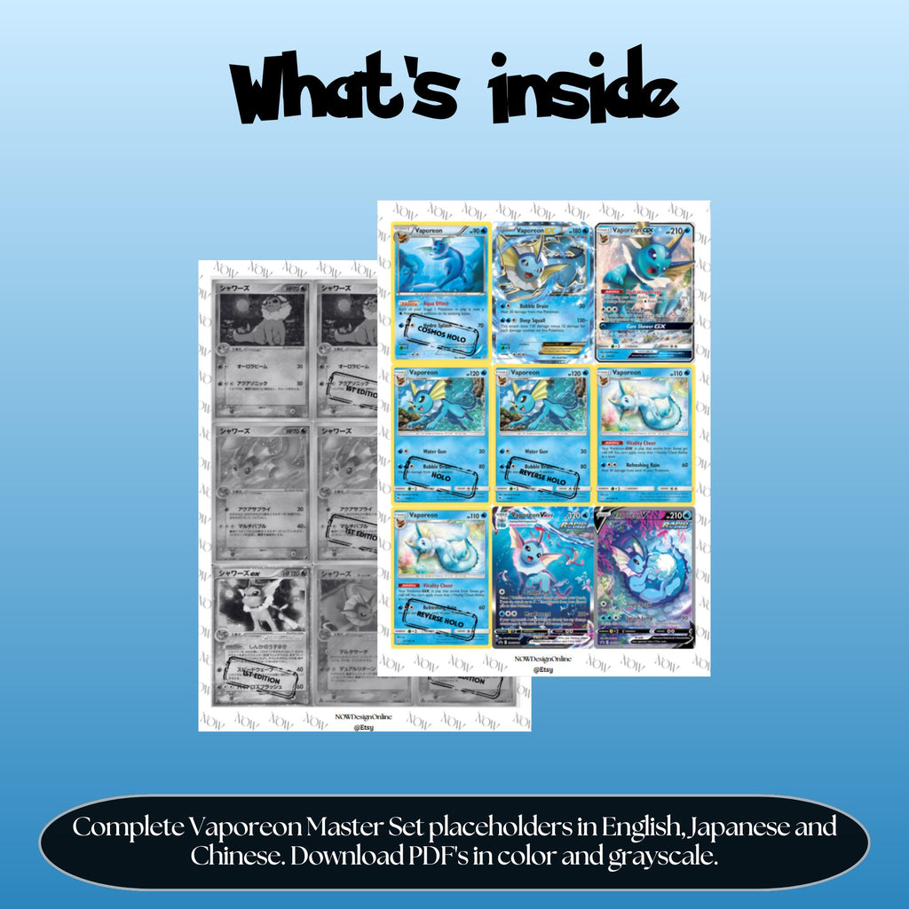 Vaporeon binder pages set overview showing the included Pokémon cards to print and cut for your binder sleeves.