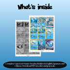 Vaporeon binder pages set overview showing the included Pokémon cards to print and cut for your binder sleeves.