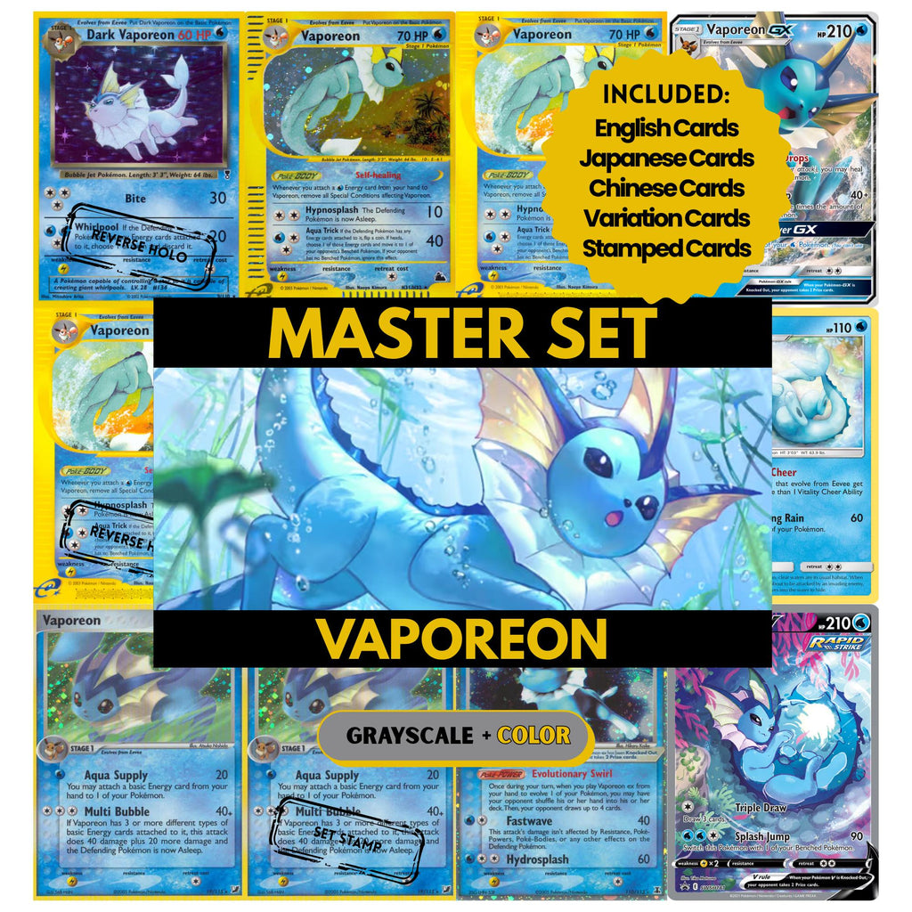 Vaporeon binder pages set showing grayscale and color Pokémon cards, designed as a digital download to complete a collector’s binder.