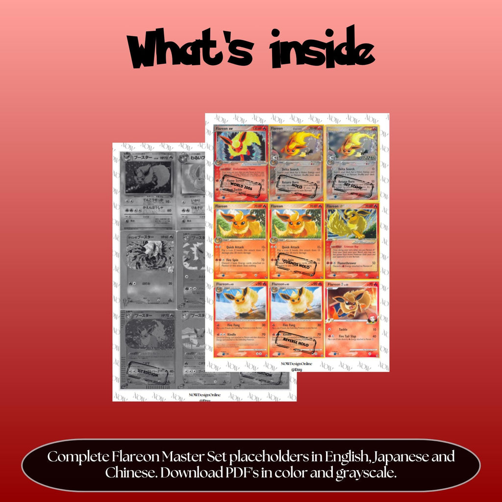 Flareon binder pages set overview showing the included Pokémon cards to print and cut for your binder sleeves.