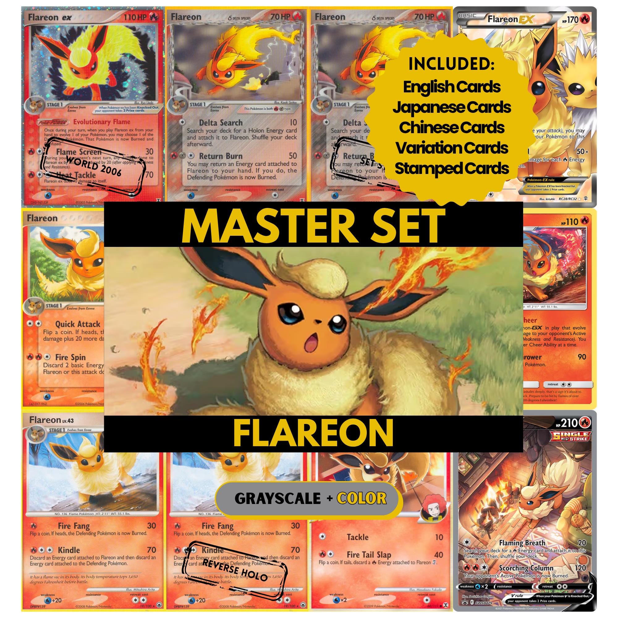 Flareon binder pages set showing grayscale and color Pokémon cards, designed as a digital download to complete a collector’s binder.