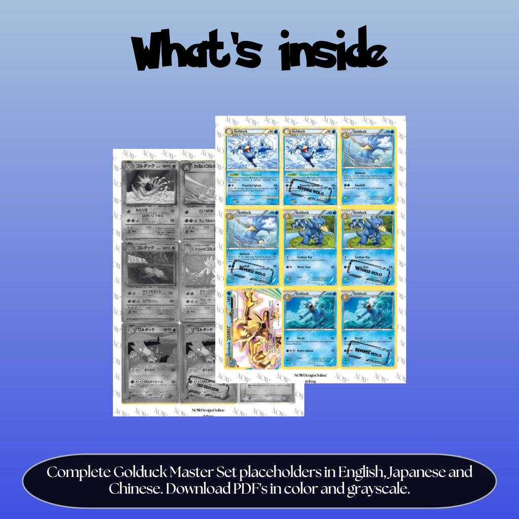 Golduck binder pages set overview showing the included Pokémon cards to print and cut for your binder sleeves.
