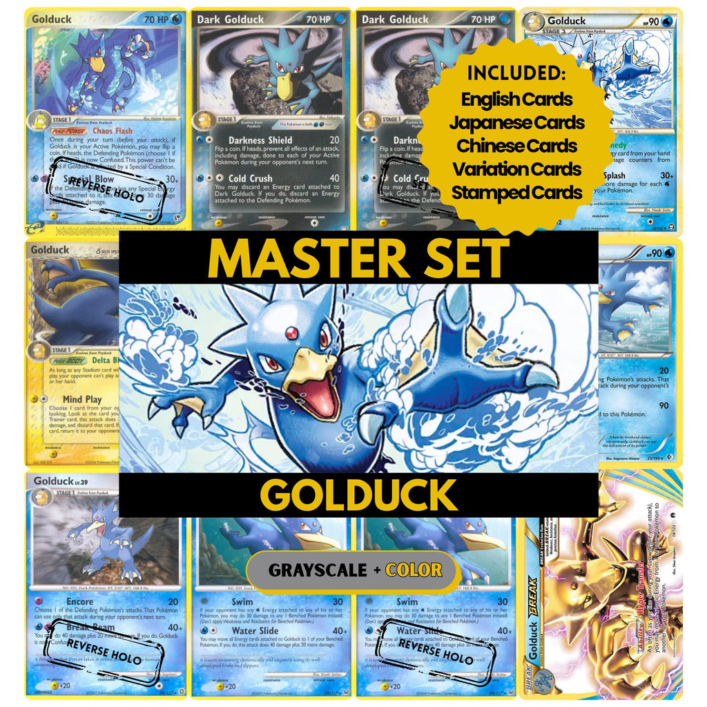 Golduck binder pages set showing Pokémon cards, designed as a digital download to complete a collector’s binder.