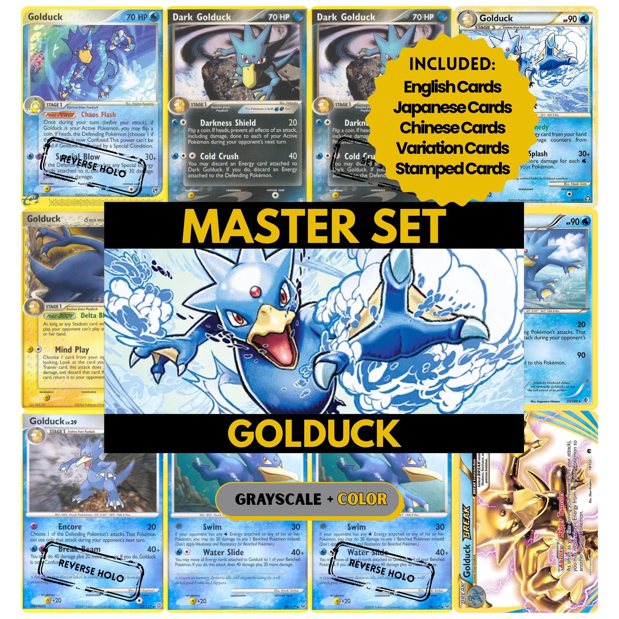 Golduck binder pages set showing Pokémon cards, designed as a digital download to complete a collector’s binder.