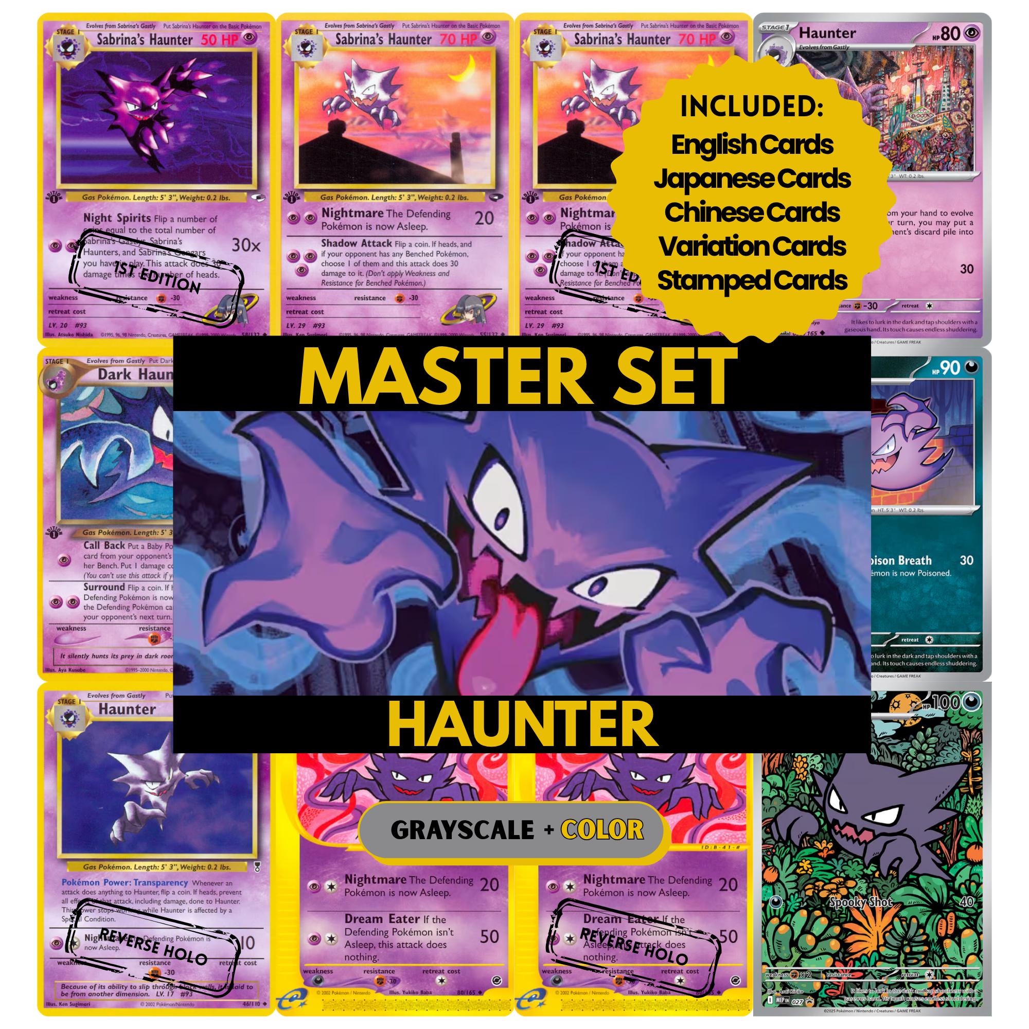 Haunter binder pages set showing grayscale and color Pokémon cards, designed as a digital download to complete a collector’s binder.