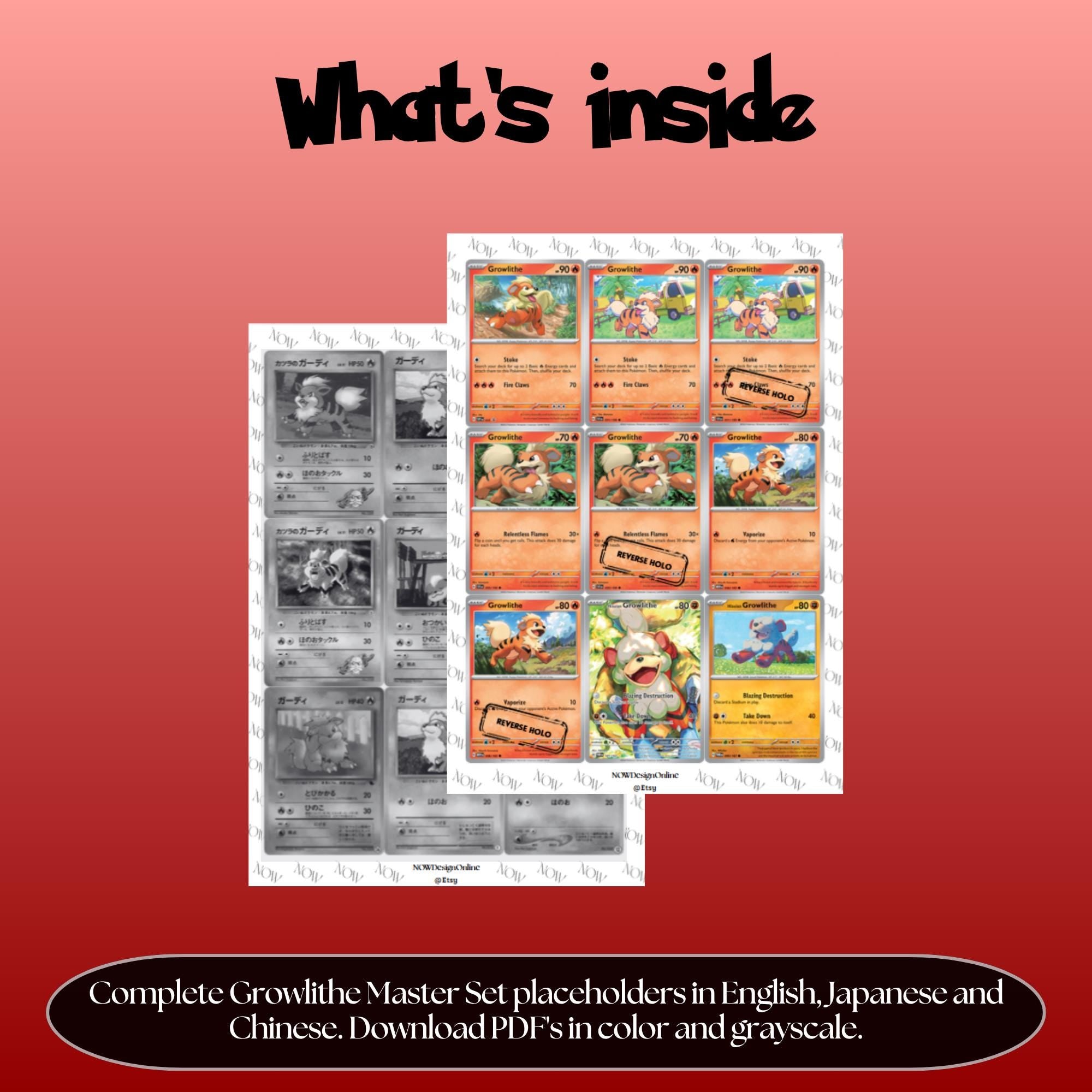Growlithe binder pages set overview showing the included Pokémon cards to print and cut for your binder sleeves.