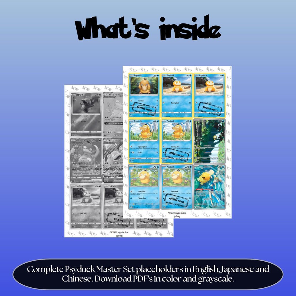 Psyduck binder pages set overview showing the included Pokémon cards to print and cut for your binder sleeves.