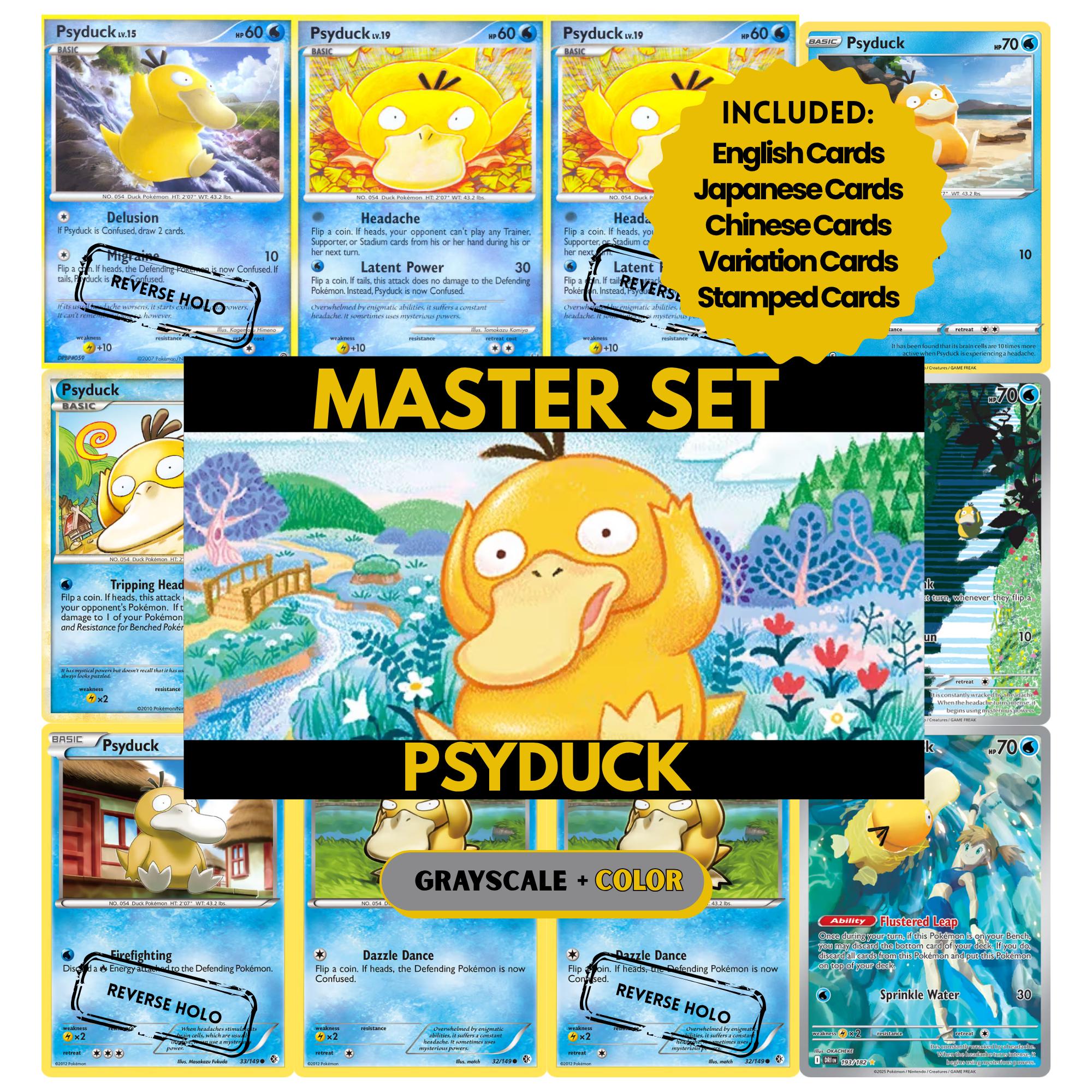 Psyduck binder pages set showing grayscale and color Pokémon cards, designed as a digital download to complete a collector’s binder.