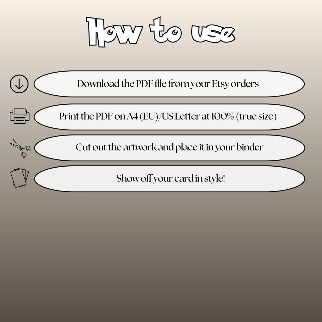 How to use instructions for printable Pokémon binder art, showing steps for downloading, printing, cutting and inserting the artwork.