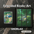 Snorlax extended binder art displayed in a 9‑pocket Pokémon binder on a dark marble surface, showing the full 3×3 artwork layout.