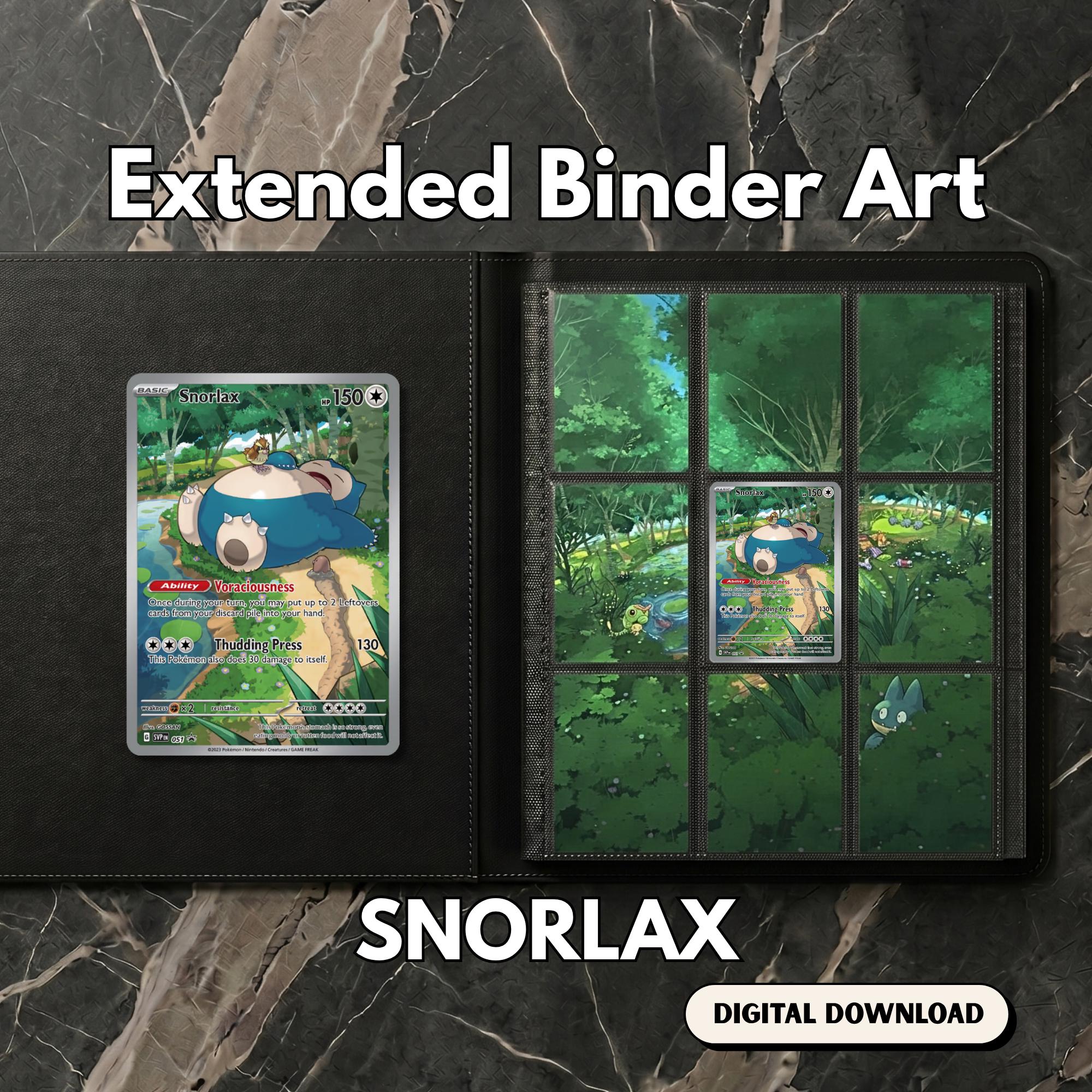 Snorlax extended binder art displayed in a 9‑pocket Pokémon binder on a dark marble surface, showing the full 3×3 artwork layout.