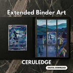 Ceruledge extended binder art displayed in a 9‑pocket Pokémon binder on a dark marble surface, showing the full 3×3 artwork layout.