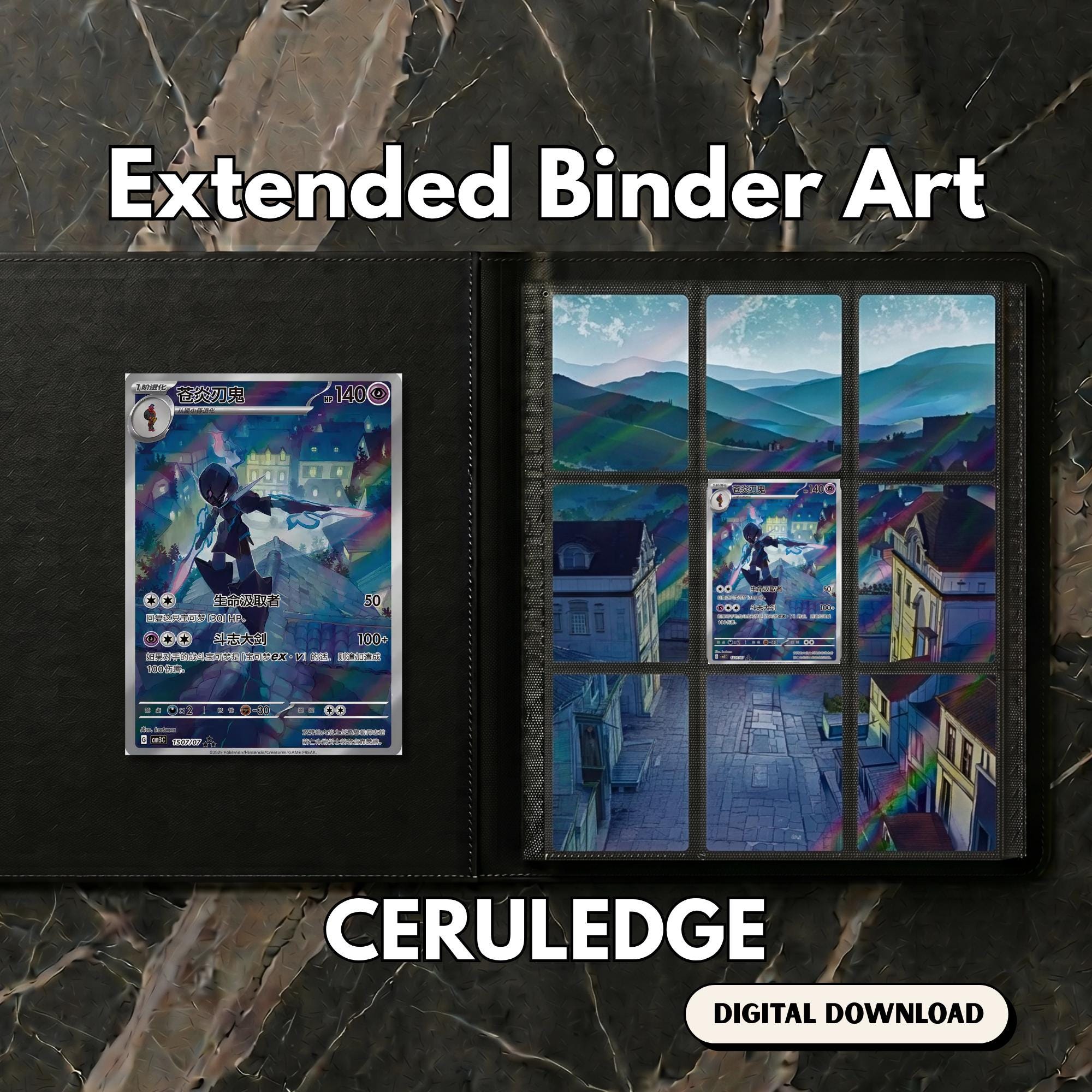 Ceruledge extended binder art displayed in a 9‑pocket Pokémon binder on a dark marble surface, showing the full 3×3 artwork layout.