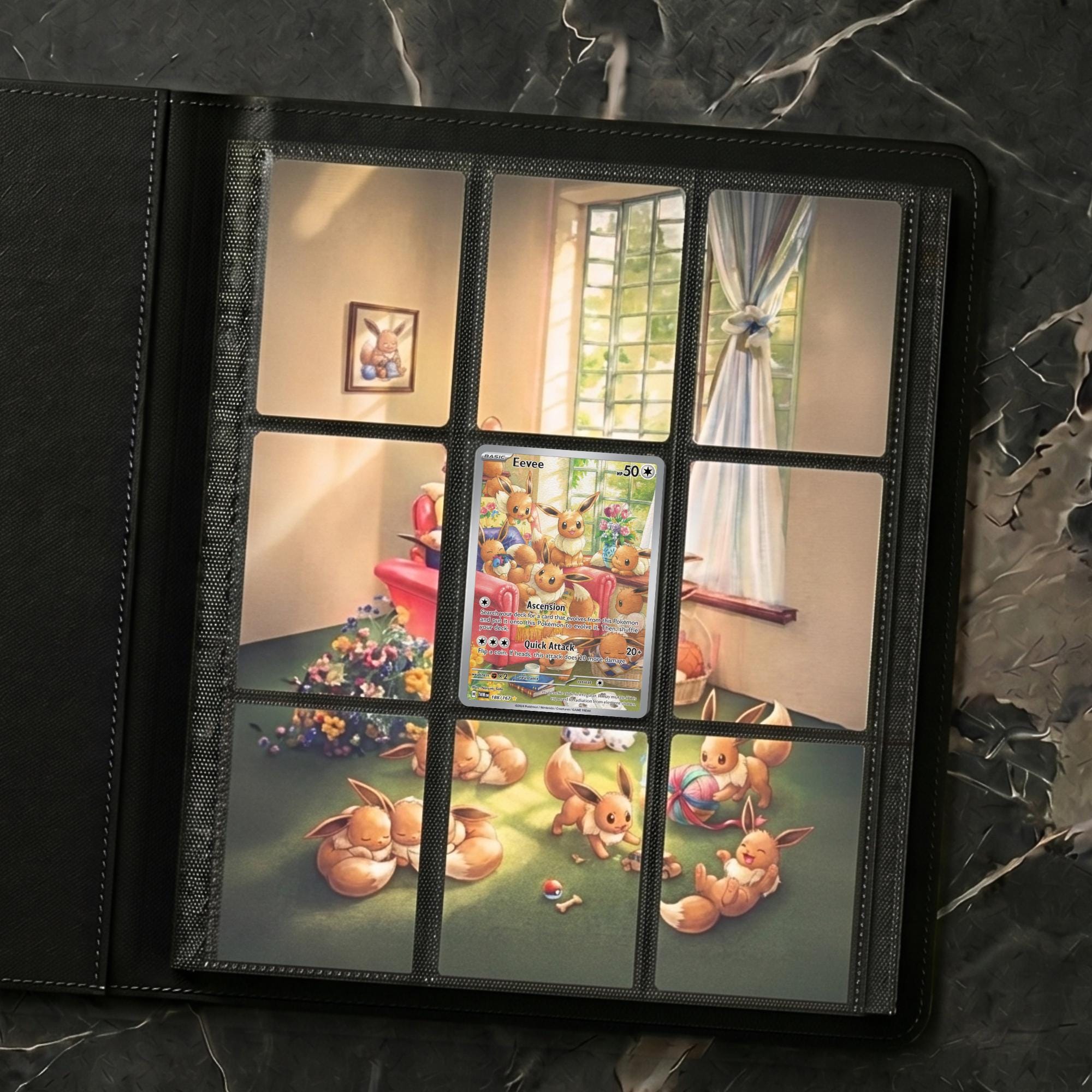 Preview window showing the Eevee extended binder artwork displayed across a 3×3 layout, styled as a printable Pokémon binder page.