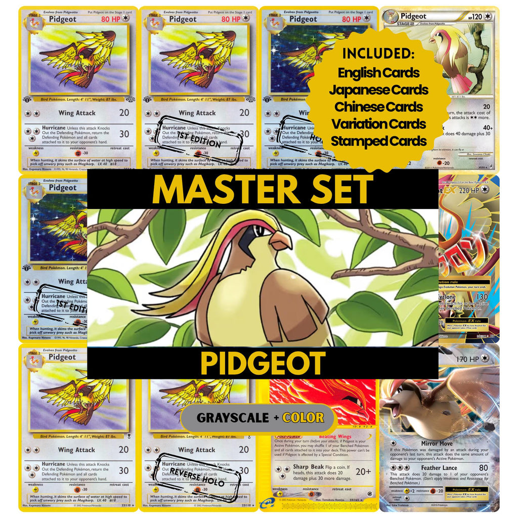 Pidgeot binder pages set showing Pokémon cards, designed as a digital download to complete a collector’s binder.