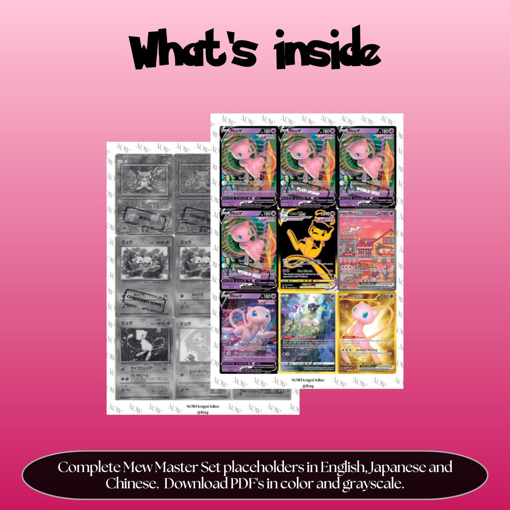 Mew binder pages set overview showing the included Pokémon cards to print and cut for your binder sleeves.