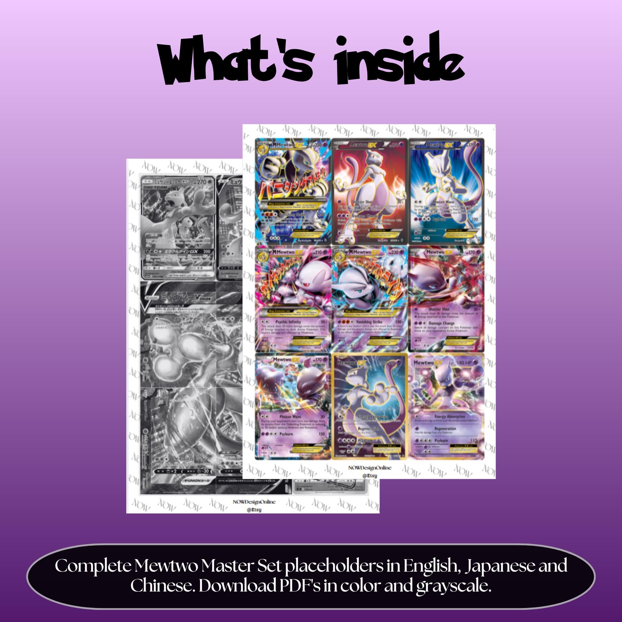 Mewtwo binder pages set overview showing the included Pokémon cards to print and cut for your binder sleeves.