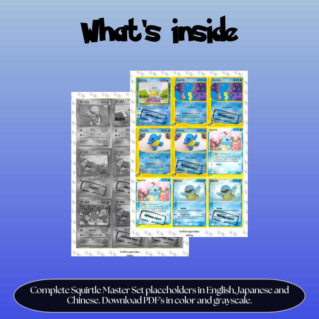 Squirtle binder pages set overview showing the included Pokémon cards to print and cut for your binder sleeves.