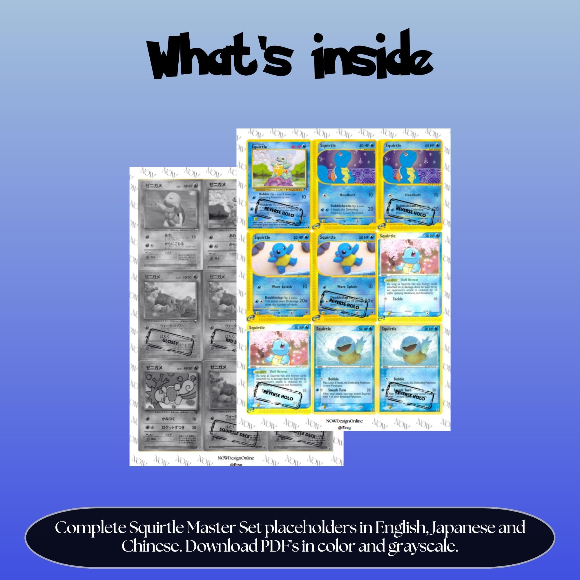 Squirtle binder pages set overview showing the included Pokémon cards to print and cut for your binder sleeves.