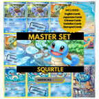 Squirtle binder pages set showing grayscale and color Pokémon cards, designed as a digital download to complete a collector’s binder.
