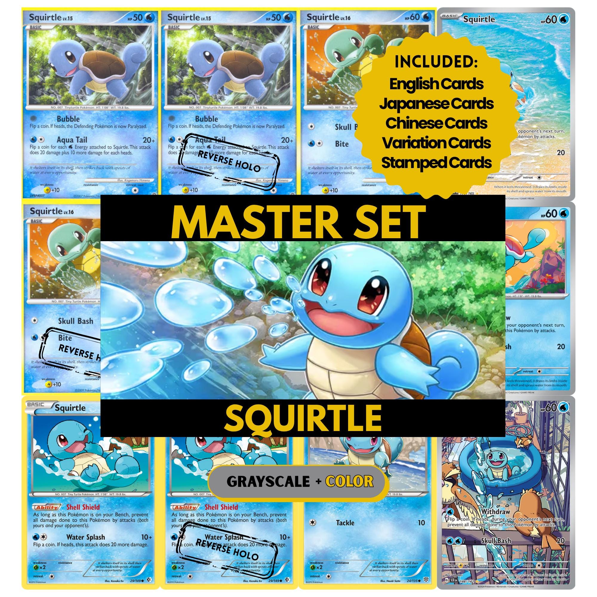 Squirtle binder pages set showing grayscale and color Pokémon cards, designed as a digital download to complete a collector’s binder.