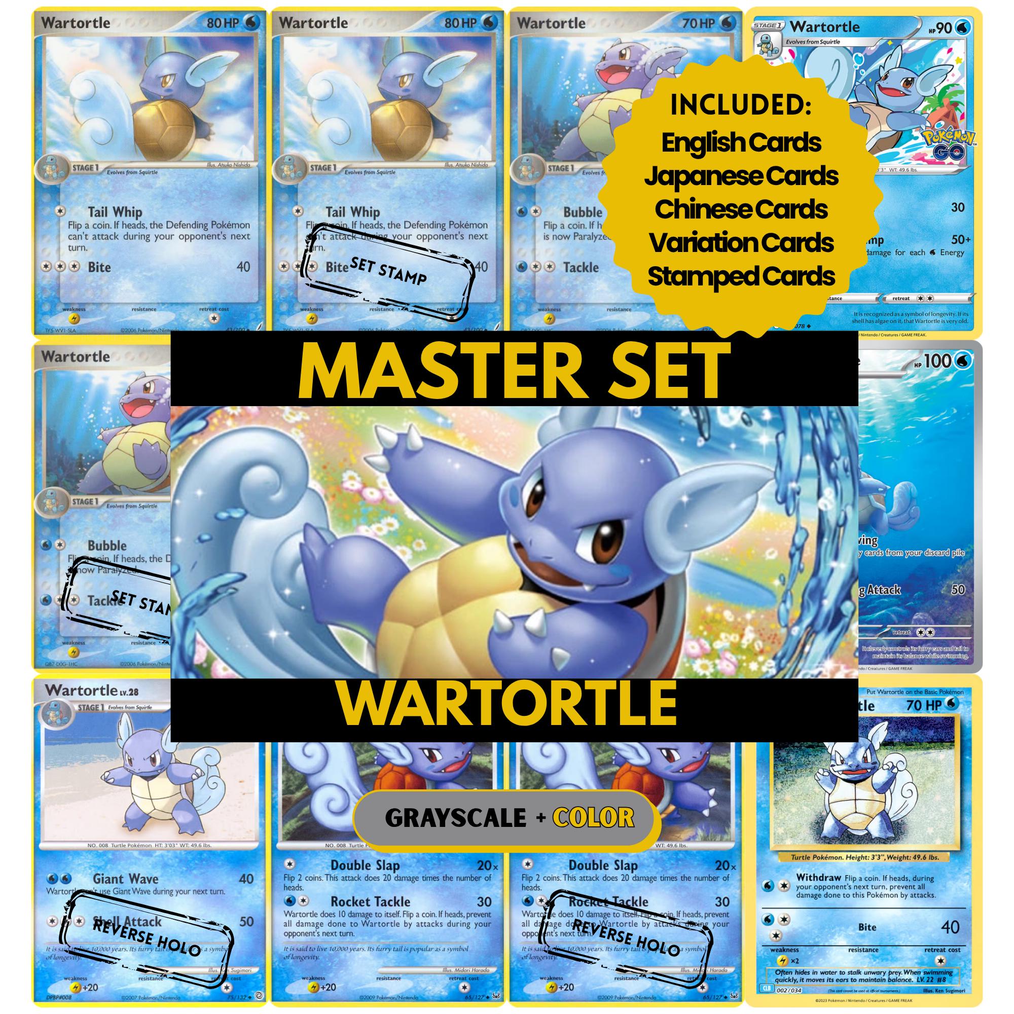 Wartortle binder pages set showing grayscale and color Pokémon cards, designed as a digital download to complete a collector’s binder.