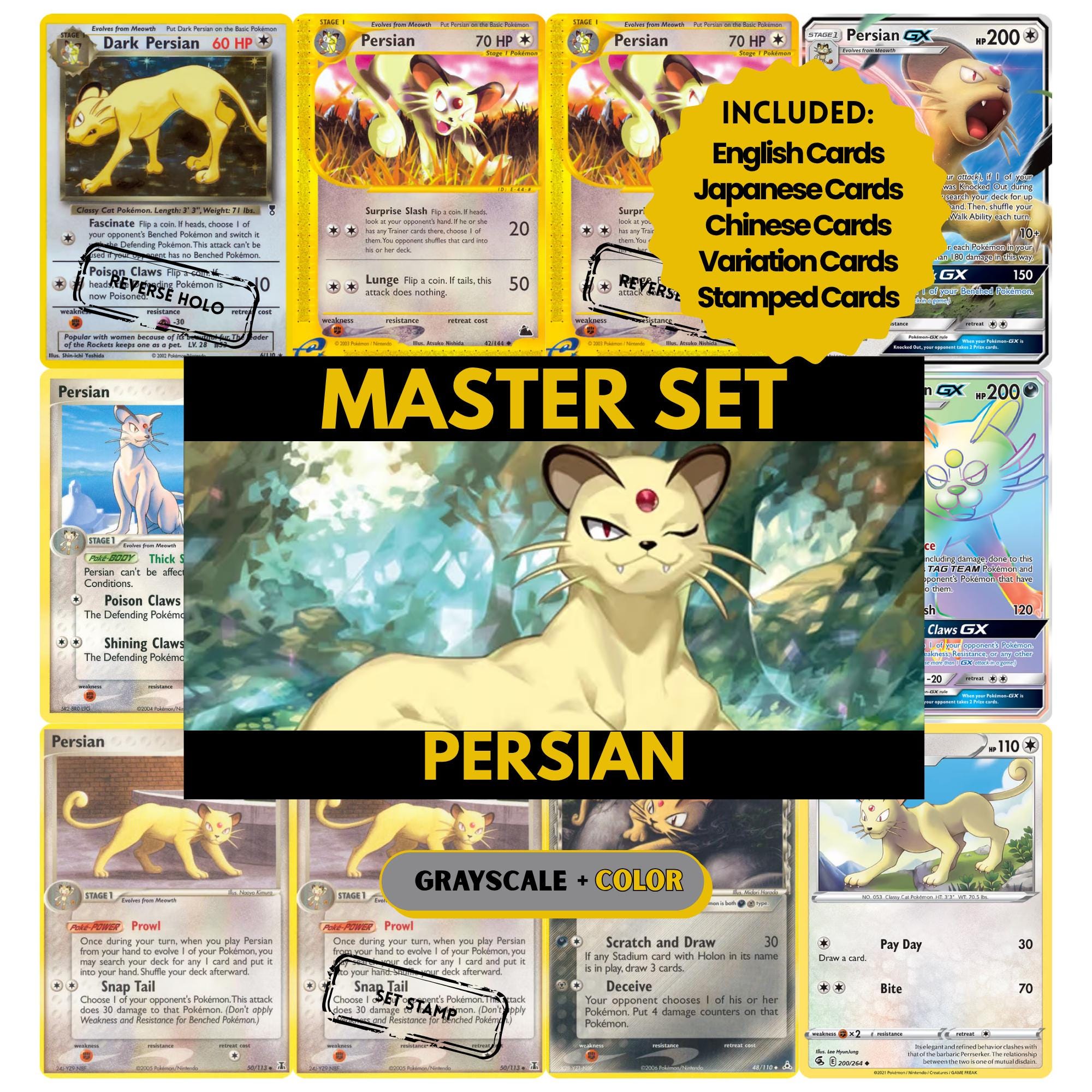 Persian binder pages set showing Pokémon cards, designed as a digital download to complete a collector’s binder.