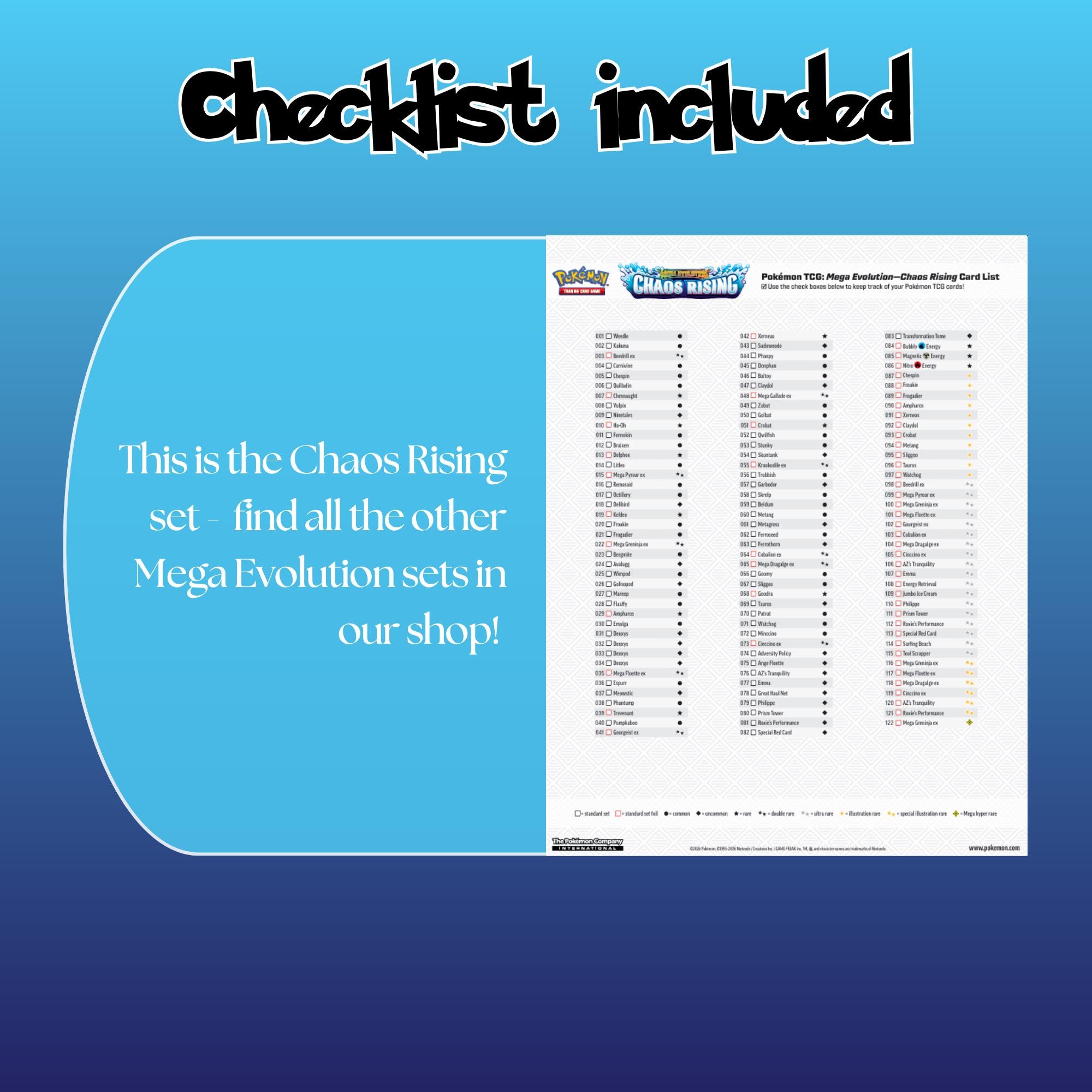 Example of the checklist that’s included to see which cards are all in the Chaos  Rising set from the Mega Evolution Series.
