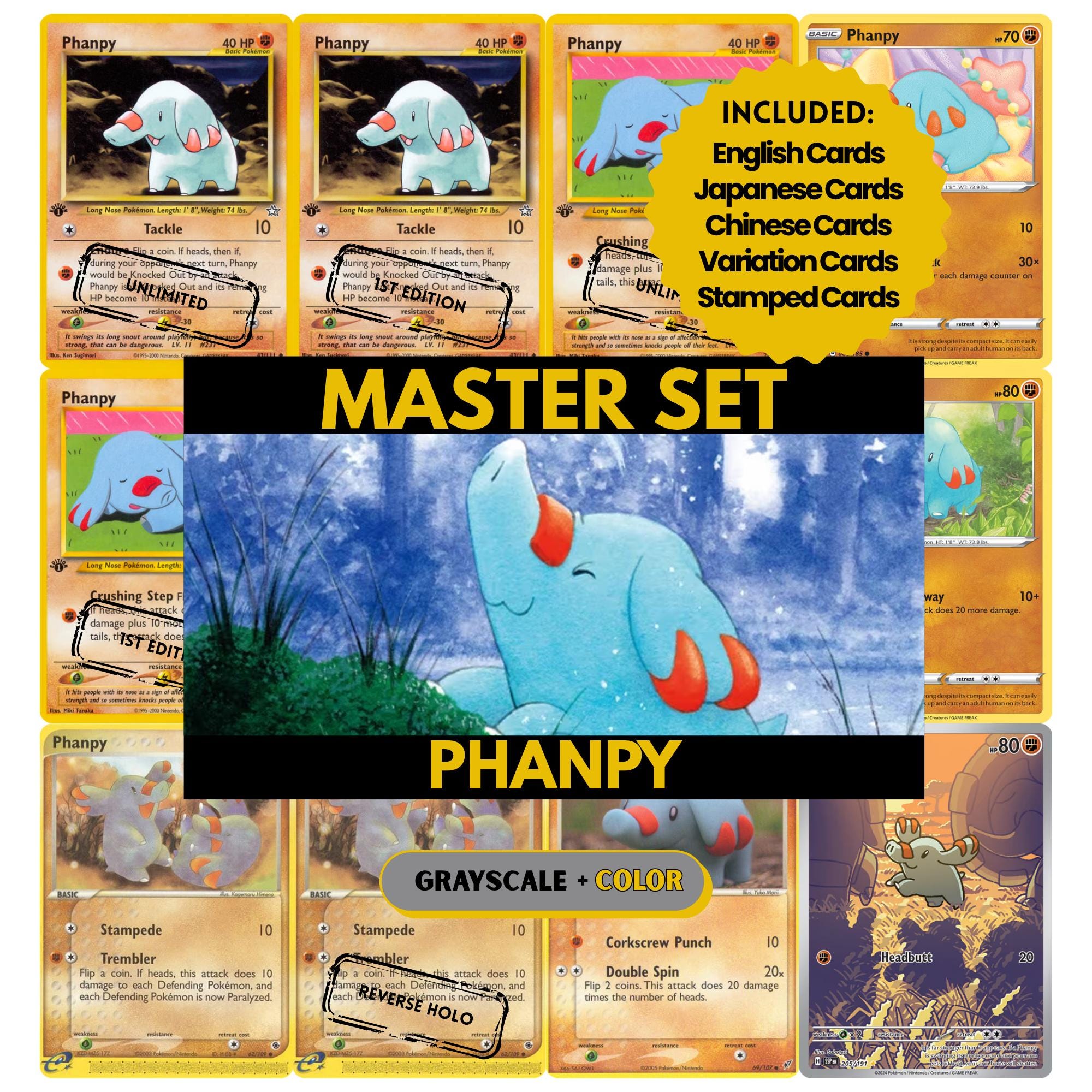 Phanpy binder pages set showing grayscale and color Pokémon cards, designed as a digital download to complete a collector’s binder.