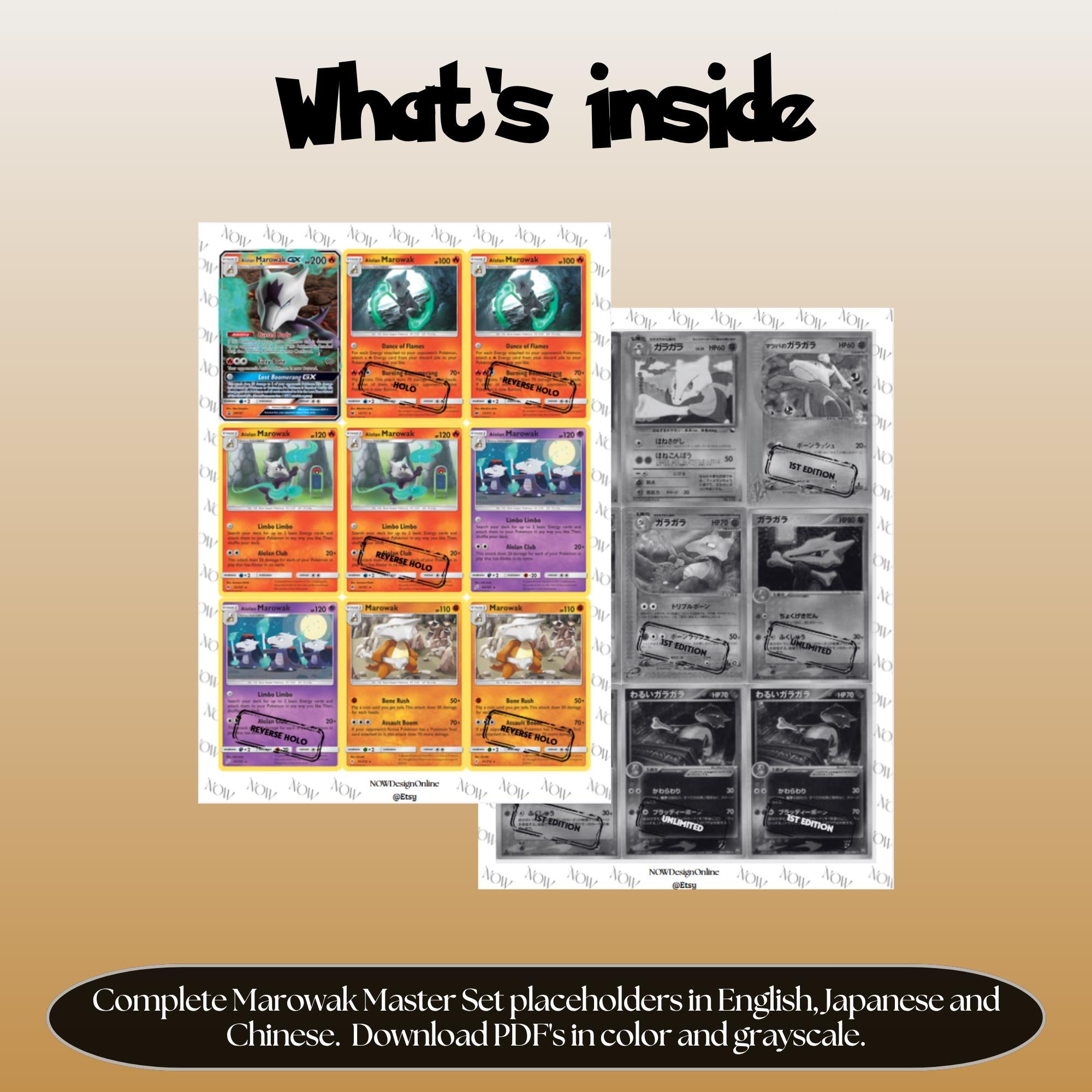 Marowak binder pages set overview showing the included Pokémon cards to print and cut for your binder sleeves.