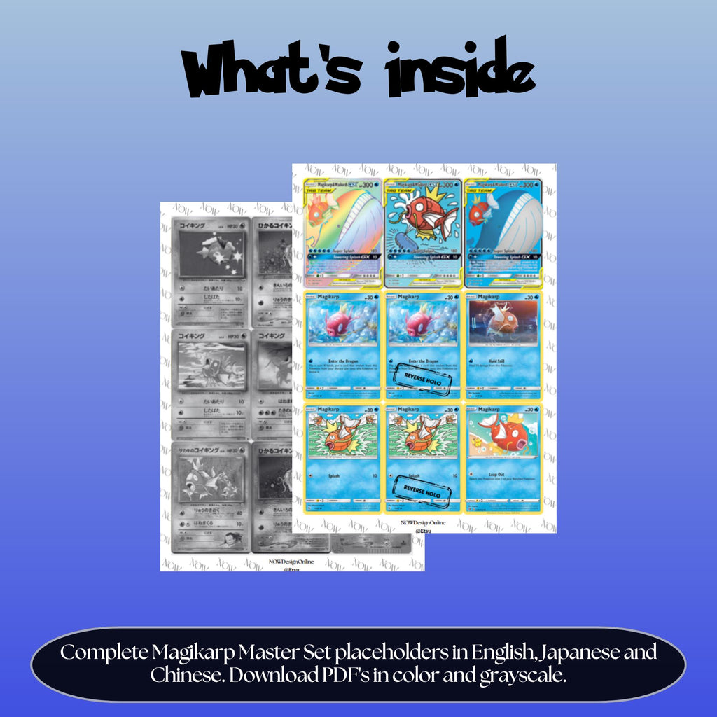 Magikarp binder pages set overview showing the included Pokémon cards to print and cut for your binder sleeves.